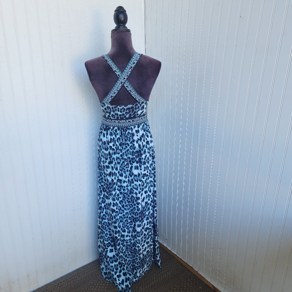 INC Internationa Leopard Print Maxi Dress Crisscross Back Blue Stretch V-Neck XL - Picture 6 of 14